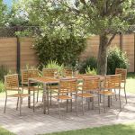 Set de Masă pentru Grădină  cu 9 Piese Gri Rattan Polimeric Acacia, Scaune Stivuibile pentru Grădină  cu Perne 2 buc Gri Rattan Polimeric GartenMobel Dekor