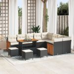 Set de canapele pentru grădină  12 piese cu perne Negru Rattan polimer Acacia, Set de masă pentru grădină  3 piese cu perne Negre Rattan polimer Acacia GartenMobel Dekor