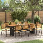 Set dining grădină  11 piese Negru Poliratan Acacia, Scaune grădină stivibile  cu perne 2 buc Negru Poliratan GartenMobel Dekor