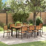 Set Dining 9 Piese Grădină Negru Poly Rattan Acacia,  Scaune Grădină Stivuibile cu Pernă 2 buc Negru Poly Rattan,  Masă Grădină 200x90x75 cm Lemn Solid Acacia și Metal GartenMobel Dekor