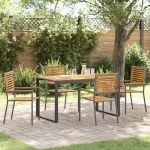 Set de Dining pentru Grădină din 5 Piese Gri Poli Rattan Acacia, Scaune Stivuibile pentru Grădină  cu Perne 2 buc Gri Poli Rattan GartenMobel Dekor