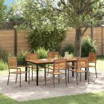 Set de Masă pentru Grădină cu 7 Piese Gri din Ratan Poli și Acacia,  Scaune de Grădină Stivuibile cu Perne 2 buc Gri din Ratan Poli,  Masă de Grădină 200x90x75 cm Lemn Solid de Acacia și Metal GartenMobel Dekor
