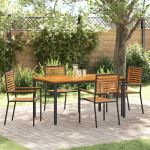 Set de masă pentru grădină din 5 piese Negru Poliratan Acacia, Scaune de grădină stivuite  cu perne 2 buc Negru Poliratan, Masă de grădină  150x90x75 cm Lemn solid Acacia și metal GartenMobel Dekor