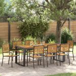 Set Masa Gradina  9 Piese Negru Poly Rattan Acacia, Scaune Gradina Stivuibile  cu Perne 2 buc Negru Poly Rattan GartenMobel Dekor