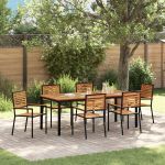 Set Mese Grădină  7 Piese Negru Poly Rattan Acacia, Scaune Grădină Stivuibile  cu Perne 2 buc Negru Poly Rattan, Masă Grădină  180x90x75 cm Lemn Solid Acacia și Metal GartenMobel Dekor