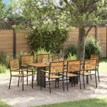 Set de mese pentru grădină  9 piese Negru Rattan de Poliție Acacia, Scaune pentru grădină stivuibile  cu perne 2 buc Negru Rattan de Poliție GartenMobel Dekor