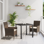 Set Masă Grădină  3 Piese cu Perne Ratan Maro, Masă Grădină  Neagră 80x80x73 cm Sticlă Temperată GartenMobel Dekor
