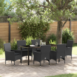 Set de Dining pentru Grădină  7 Piese cu Perne Poliratan Negru, Masa Grădinii  Neagră 160x80x73 cm Sticlă Temperată GartenMobel Dekor