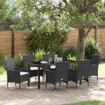 Set de dining grădină  7 piese cu perne Poliratan negru, Masă de grădină  Neagră 160x80x73 cm Sticlă securizată GartenMobel Dekor