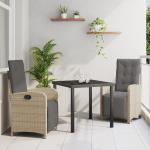 Set de Masă pentru Grădină cu 3 Piese și Perne Ratan Poli Bej, Masă pentru Grădină Neagră 80x80x73 cm Sticlă Temperată GartenMobel Dekor