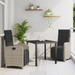 Set de dining grădină  3 piese perne gri deschis ratan poliester, Masă de grădină  neagră 80x80x73 cm din sticlă securizată GartenMobel Dekor