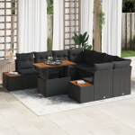 Set de dining pentru grădină 9 piese cu perne Negru Ratan Poly Acacia GartenMobel Dekor