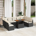 Set de sofa de grădină  cu 10 piese și perne, Negru, Ratan Poli, Acacia, Sofa de grădină  cu 2 locuri și perne, Negru, Ratan Poli GartenMobel Dekor
