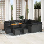 Set de sofa de grădină  cu 13 piese și perne din ratan poli negru acacia, Set de dining pentru grădină  cu 4 piese și perne din ratan poli negru acacia, Sofa de grădină  cu 2 locuri și perne din ratan poli negru GartenMobel Dekor