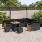 Set de mobilier pentru grădină  cu 12 piese și perne Negru Ratan Poli Acacia, Set de dining pentru grădină  cu 3 piese și perne Negru Ratan Poli Acacia, Sofa pentru grădină cu 2 locuri  cu perne Negru Ratan Poli GartenMobel Dekor