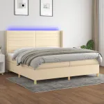 Pat cu arcuri, saltea și LED, crem, 200x200 cm, textil GartenMobel Dekor