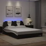 Cadru de pat cu LED, negru și alb, 160x200 cm, piele ecologică GartenMobel Dekor