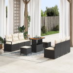 Set de canapea de grădină  cu 9 piese, perne negre din rattan poli și acacia, Set de canapea de grădină  pentru 2 persoane, perne negre din rattan poli, Set dining de grădină  cu 3 piese, perne negre din rattan poli și acacia GartenMobel Dekor