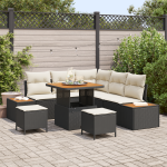 Set de sofa de grădină  cu 8 piese și perne Ratan poliester negru Acacia, Sofa de grădină  cu 2 locuri cu depozitare și perne Ratan poliester negru, Set de dining cu 3 piese pentru grădină cu perne Ratan poliester negru Acacia GartenMobel Dekor