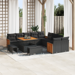 Set de Sofa pentru Grădină  de 13 piese cu Perne Negru Poliratan Acacia, Set de Cină pentru Grădină  de 3 piese cu Perne Negru Poliratan Acacia GartenMobel Dekor