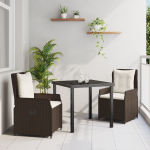 Set mese grădină  3 piese Maro Poliratan, Masă pentru grădină  Neagră 80x80x73 cm Sticlă securizată GartenMobel Dekor