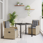 Set de cină pentru grădină  de 3 piese din poliratan bej, Masă de grădină  neagră 80x80x73 cm din sticlă securizată GartenMobel Dekor