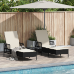 Set de Șezlonguri Set de 3 Negru și crem Ratan PE, metal Pliabil GartenMobel Dekor