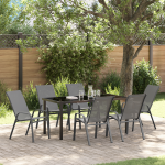 Set de mese de grădină de 7 piese gri din textil și oțel, Masa de grădină  neagră 160x80x73 cm din sticlă securizată GartenMobel Dekor