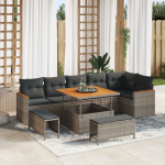 Set Sofa Grădină  9 Piese cu Pernițe Gri Poliratan Acacia, Set Mese Grădină  3 Piese cu Pernițe Gri Poliratan Acacia GartenMobel Dekor