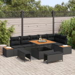 Set canapea grădină 9 piese cu perne Negru Poliratan Acacia, Set dining grădină 3 piese cu perne Negru Poliratan Acacia GartenMobel Dekor
