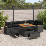 Set de canapele pentru grădină  cu perne, 9 piese, Negru, Poliratan, Acacia, Set de dining pentru grădină  cu perne, 3 piese, Negru, Poliratan, Acacia GartenMobel Dekor