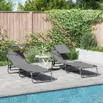 Set de 2 șezlonguri pliabile cu baldaquin Gri din material Oxford 600D GartenMobel Dekor