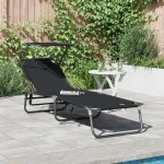 Șezlong pliabil cu copertină Negru 600D material Oxford GartenMobel Dekor
