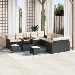Set de Canapea pentru Grădină  cu 13 Piese cu Perne Negru Ratan Poli Acacia, Set de Dining pentru Grădină  cu 3 Piese cu Perne Negru Ratan Poli Acacia GartenMobel Dekor