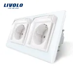 Priza dubla Livolo cu rama din sticla si capac de protectie rezistent la apa SmartElectro IntelligentHouse