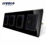 Priza cvadrupla Livolo cu rama din sticla 3 prize simple+TV/internet SmartElectro IntelligentHouse