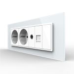 Priza Tripla cu Blank Livolo cu Rama din Sticla 2 Prize Schuko+TV/internet, Standard Italian - Serie Noua SmartElectro IntelligentHouse