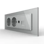 Priza Tripla cu Blank Livolo cu Rama din Sticla 2 Prize Schuko+TV/internet, Standard Italian - Serie Noua SmartElectro IntelligentHouse