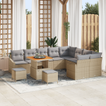 Set Sofa pentru Grădină  cu 12 Piese și Perne Bej Poliratan Acacia, Set de Dining pentru Grădină  cu 3 Piese și Perne Bej Poliratan Acacia, Sofa de Grădină pentru Două Persoane  cu Perne Bej Poliratan GartenMobel Dekor