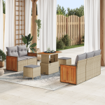 Set 8 piese sofa grădină cu perne bej din poliratan acacia, Sofa grădină pentru 2 persoane cu perne bej din poliratan, Set dining grădină 3 piese cu perne bej din poliratan acacia GartenMobel Dekor