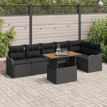 Set canapea grădină  7 piese cu perne Negru Ratan Acacia GartenMobel Dekor