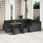 Set de canapea de grădină  cu 13 piese cu perne Negru Ratan Poli Acacia, Set de masă de grădină  cu 4 piese cu perne Negru Ratan Poli Acacia GartenMobel Dekor