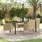 Set Dining Grădină  5 Piese cu Perne Ratan Poliat Bej, Masă Grădină  Neagră 160x80x73 cm Sticlă Temperată GartenMobel Dekor