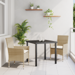 Set de Masă pentru Grădină  3 Piese cu Perne Ratan Poli Bej, Masa  Neagră 80x80x73 cm din Sticlă Temperată GartenMobel Dekor