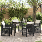 Set de dining pentru grădină  5 piese cu perne Negru Ratan Poliester, Masă de grădină  Neagră 140x80x73 cm Sticlă Temperată GartenMobel Dekor