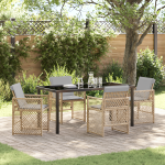 Set de dining pentru grădină  5 piese cu perne bej poli ratan, Masă de grădină  neagră 160x80x73 cm sticlă călită GartenMobel Dekor