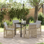 Set de dining pentru grădină  cu 5 piese și perne din ratan bej, Masă de grădină  neagră 80x80x73 cm cu sticlă temperată GartenMobel Dekor