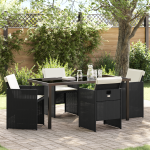 Set de dining pentru grădină de 5 piese cu perne Negru Ratan Poly, Masă de grădină Neagră 160x80x73 cm Sticlă Temperată GartenMobel Dekor