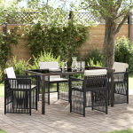 Set de masă pentru grădină  5 piese cu perne negru ratan poli, Masă de grădină  neagră 160x80x73 cm din sticlă securizată GartenMobel Dekor