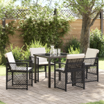 Set de mese pentru grădină  5 piese cu perne Negru din Poly Rattan, Masă de grădină  Neagră 80x80x73 cm din sticlă securizată GartenMobel Dekor